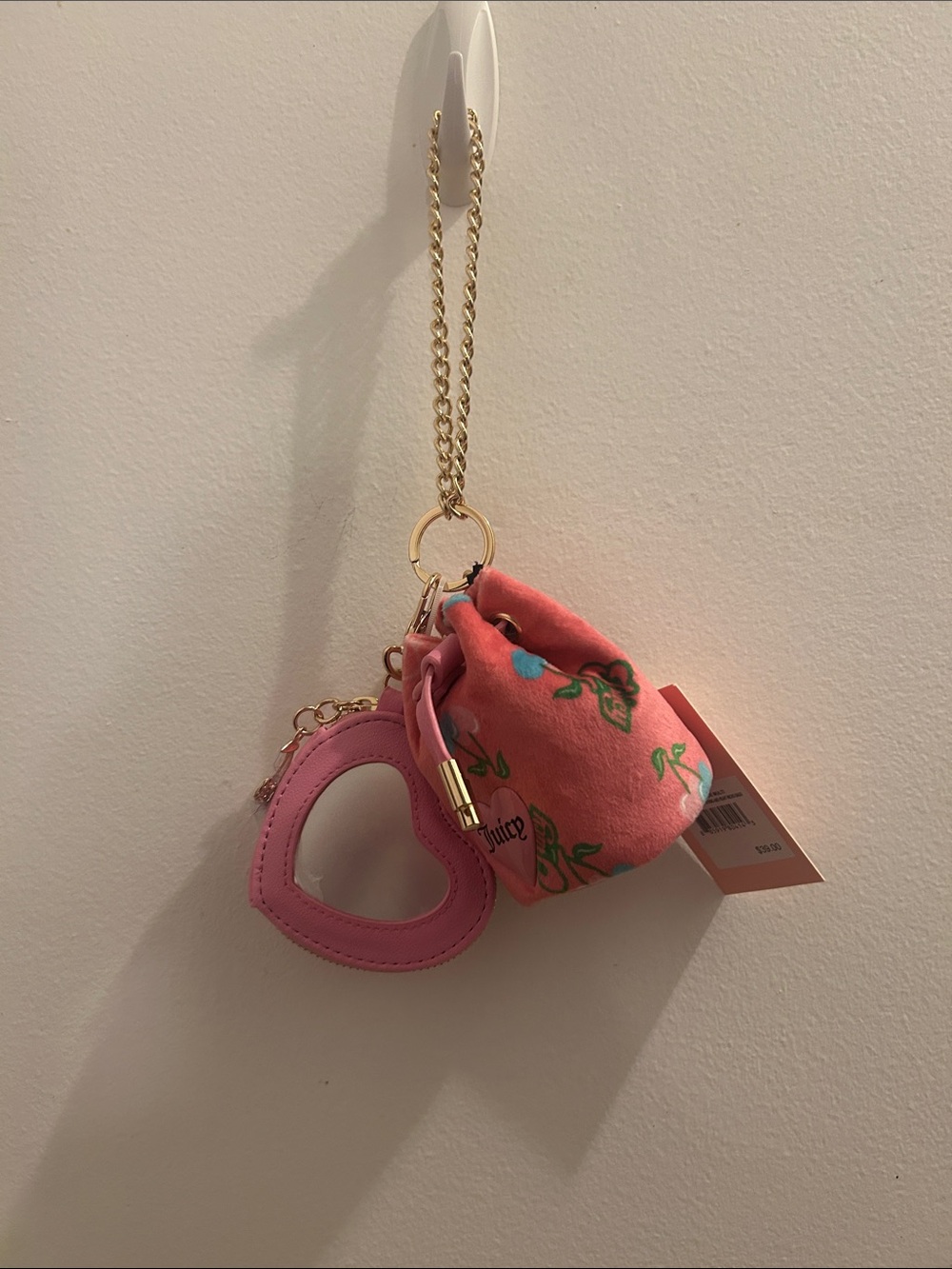 Pink Floral Mini Drawstring Bag Keychain with Heart Mirror